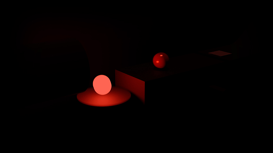 A dimly lit scene with a glowing red sphere casting a warm light onto a surface, with another sphere in the background partially illuminated.