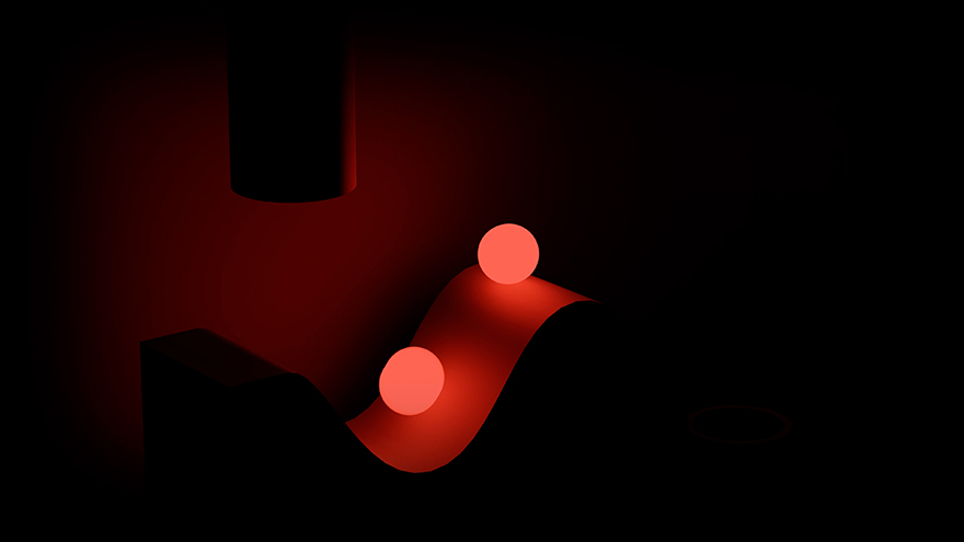 Abstract composition with red gradient and spheres on a wavy surface under a dark environment.