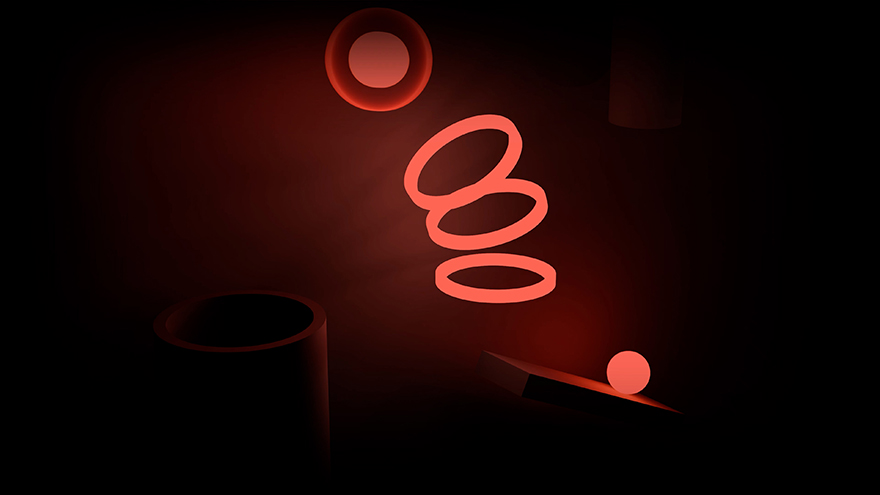 Abstract composition with glowing red rings and cylinders on a dark background.