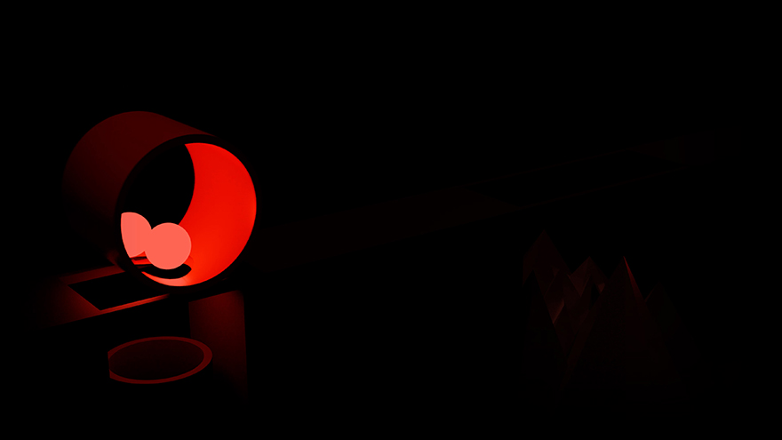Abstract composition featuring multiple red spheres nested within a transparent cylinder, set against a dark backdrop.